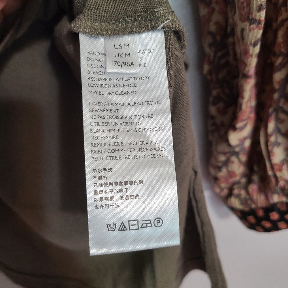 Free People Army Green Paisley Priny Mixed Media Long Sleeve Shirt Medium - Picture 7 of 10